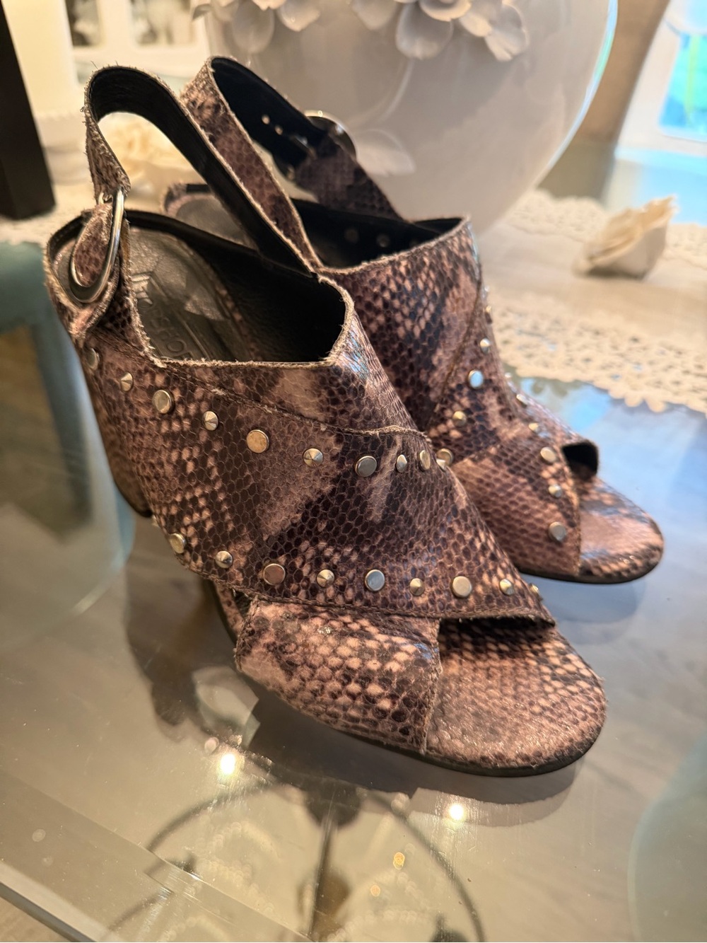 Topshop Brown Snake-Print Studded Slingback Heels